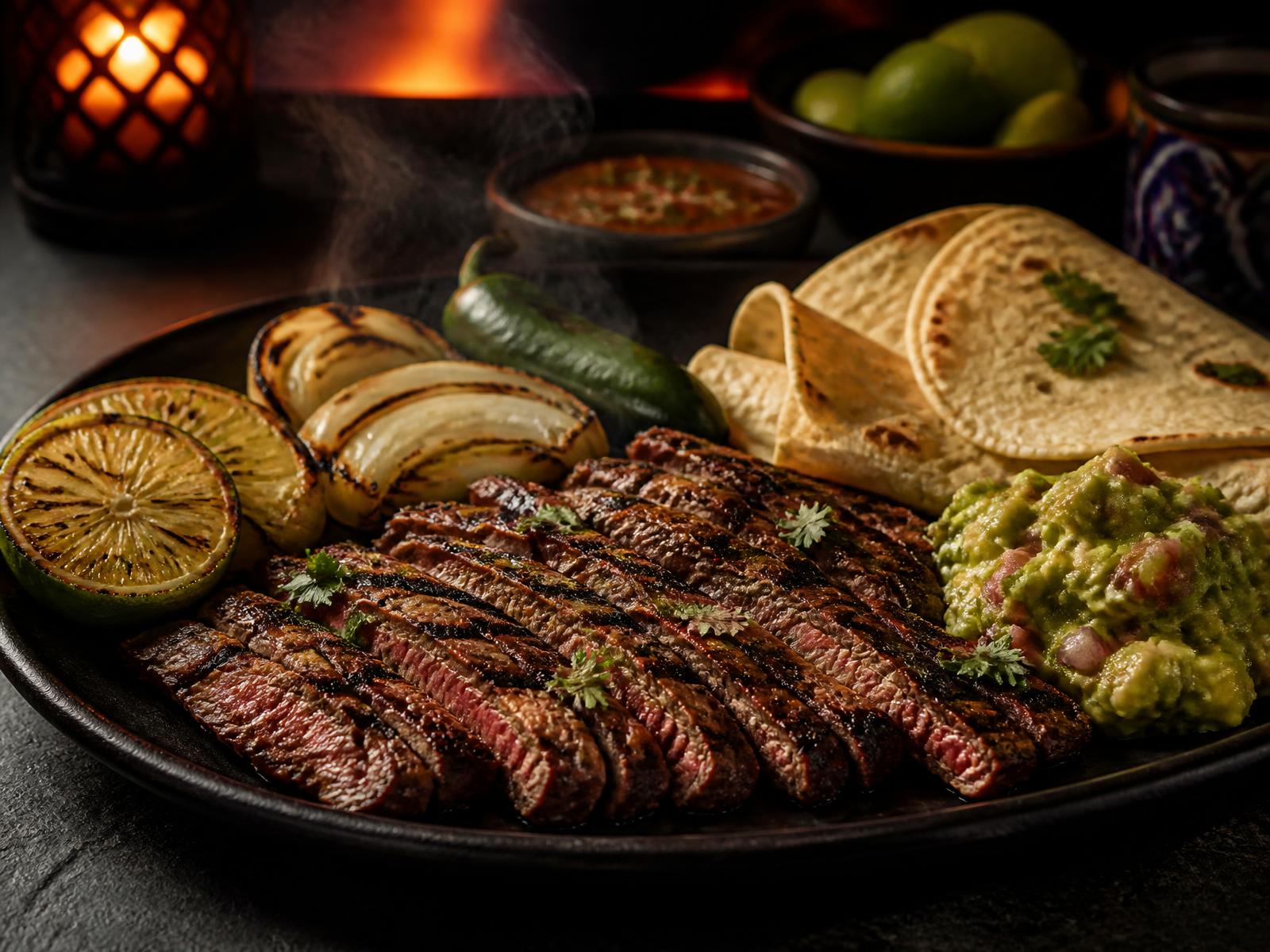 Sizzling carne asada platter with grilled onions, guacamole and warm tortillas