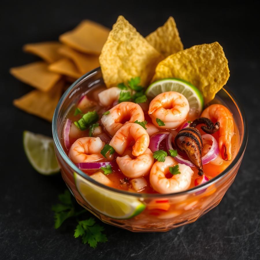 Ceviche mixto with shrimp, fish and octopus in lime with tortilla chips