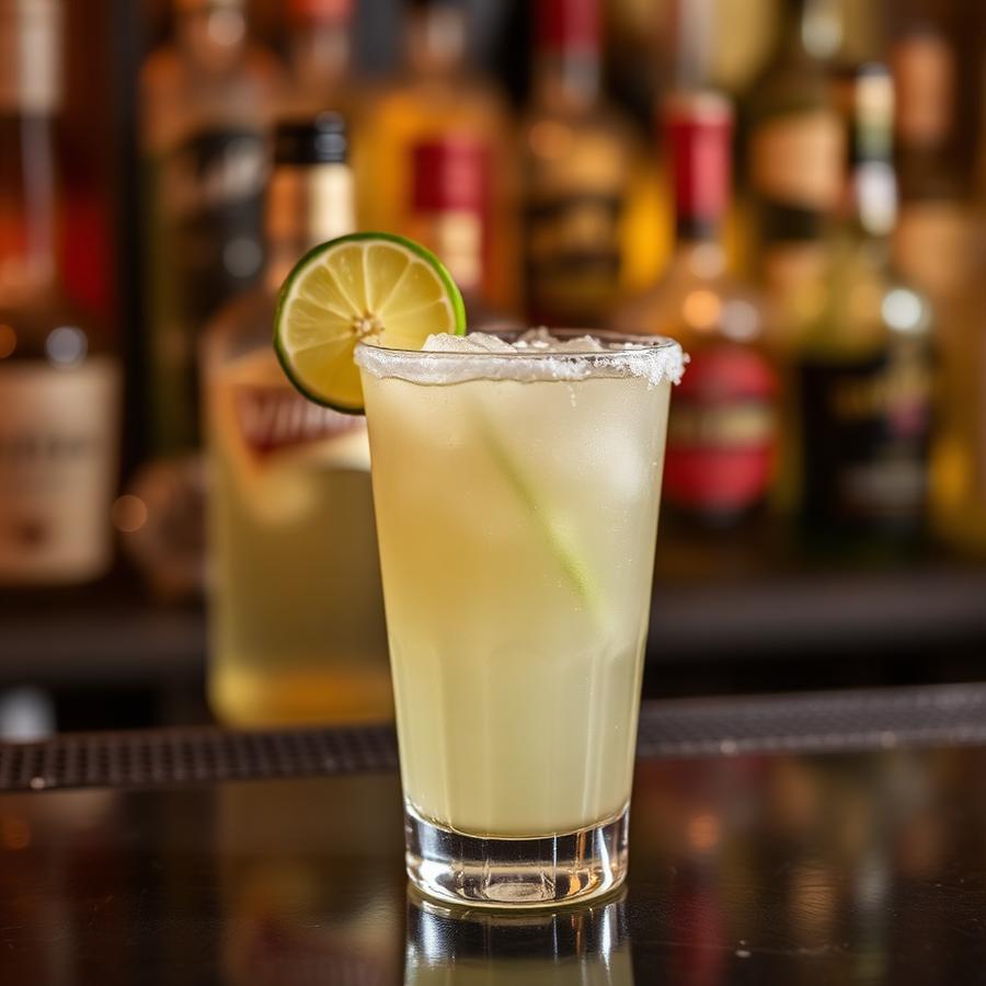 Lime margarita in a salt-rimmed glass on the bar