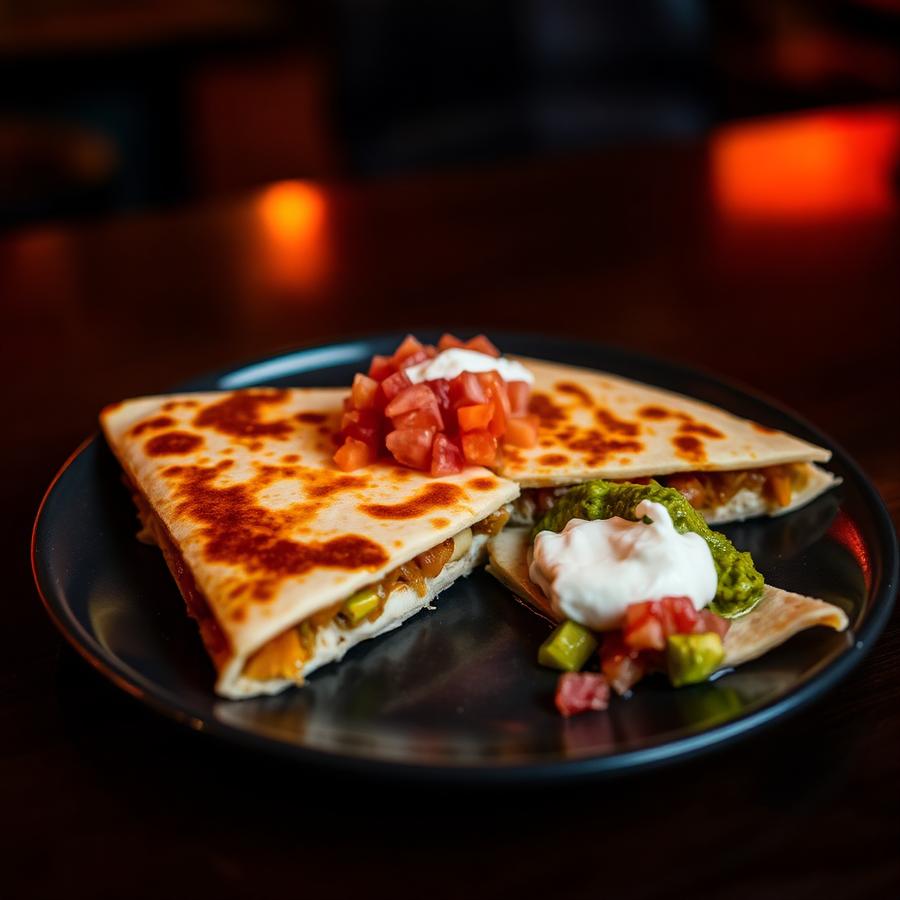 Chicken quesadilla wedges with pico de gallo, sour cream and guacamole